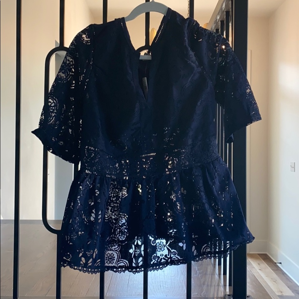 Anthropologie navy knit/lace peplum blouse